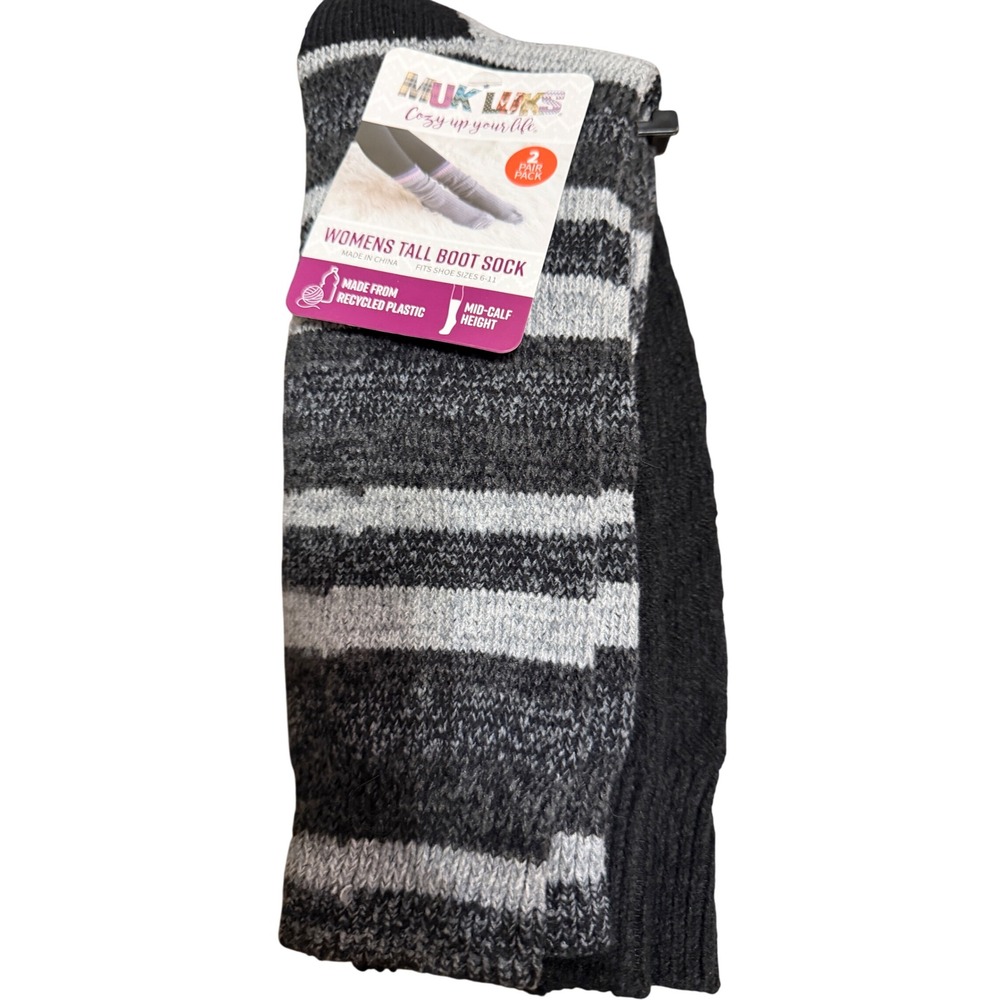 Muk Luks Womens Tall Boot Socks 2 Pair Pack Black Grey Striped Mid-Calf